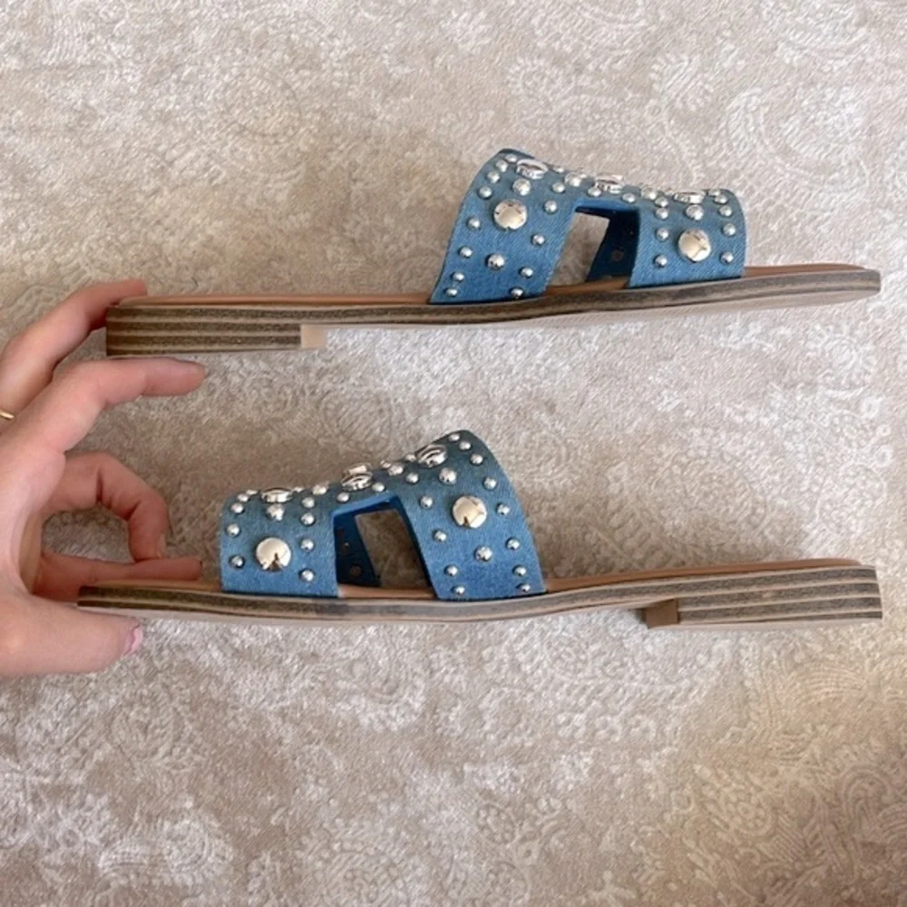Brand New Madden Girl Denim Blue Silver Tone Metal Studded H-Band Slides Sandals
